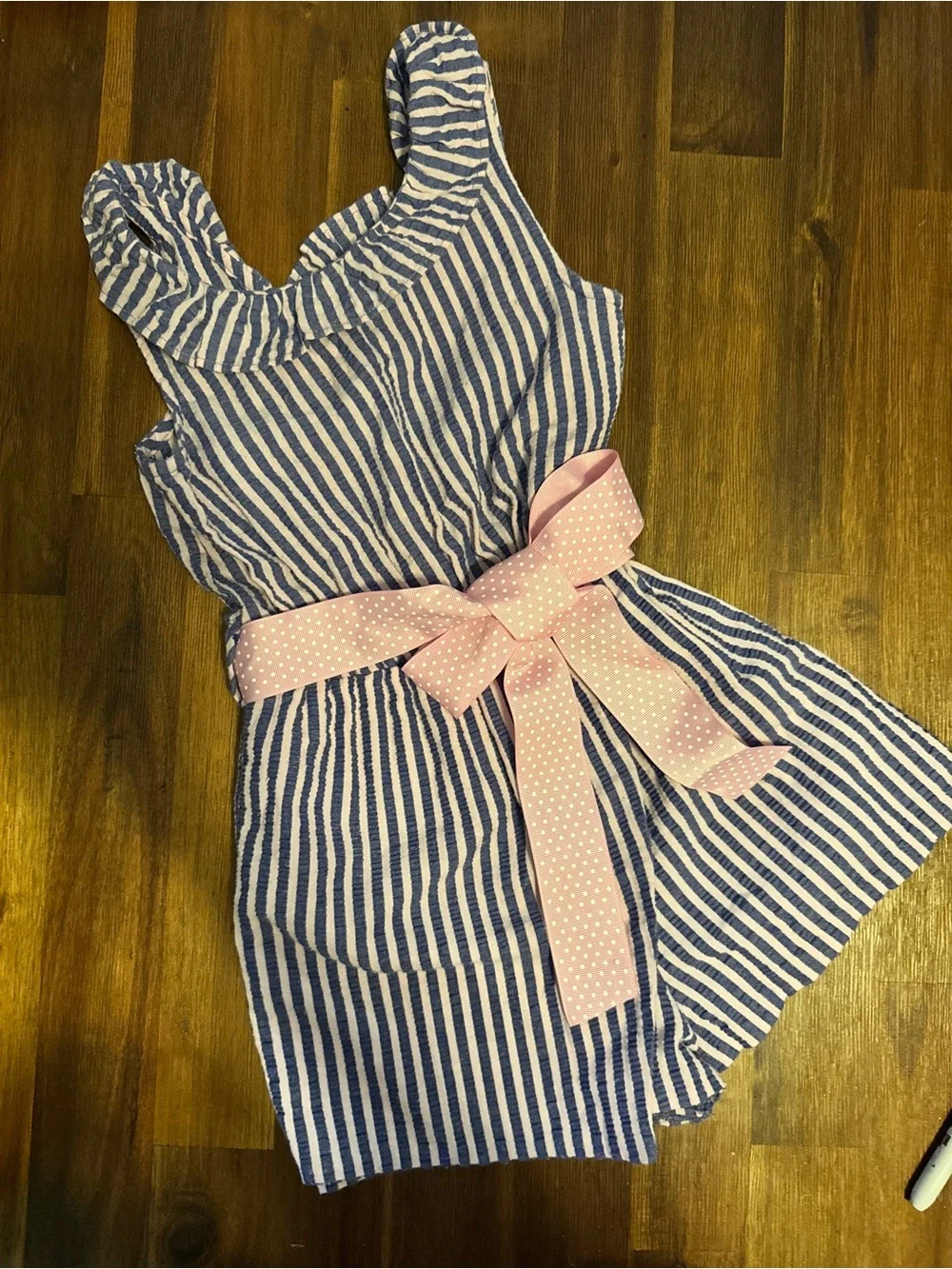 Bonnie Jean Blue Stripe Sleeveless Skort Romper with Pink Bow Belt - Size 6